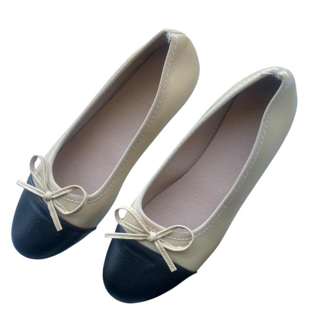 Womens Ballet Flats Shoes Tan Black Size 8 Slip on Slippers Beige Bow Cap Low